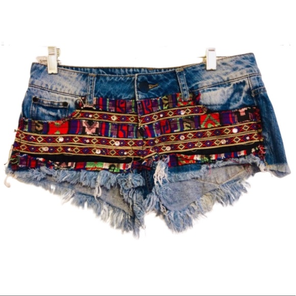 Tally Weijl Pants - Boho Embroidered Cutoff Jean Shorts Embellished 27